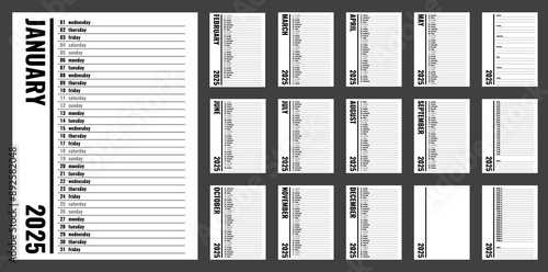 2025 year planner, vertical personal organizer template, english month and weekday names