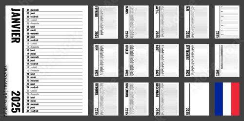 2025 year planner, vertical personal organizer template, french month and weekday names