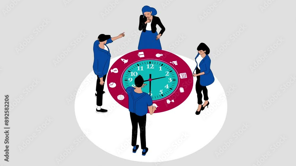 Time management women and men next to a large clock Time management women and men next to a large clock