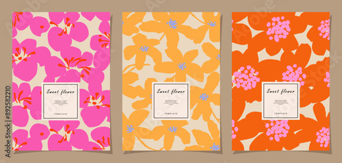 Floral template set for poster, card, cover, label, banner in modern minimalist style and simple summer design background with flowers and plants.