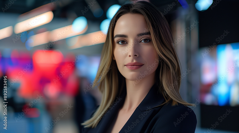 portrait of woman news anchor , news backdrop for TV shows, visual news studior backdrop, facing straight at the camera, portrait of woman news anchor , news backdrop for TV shows, visual news studior backdrop, facing straight at the camera,