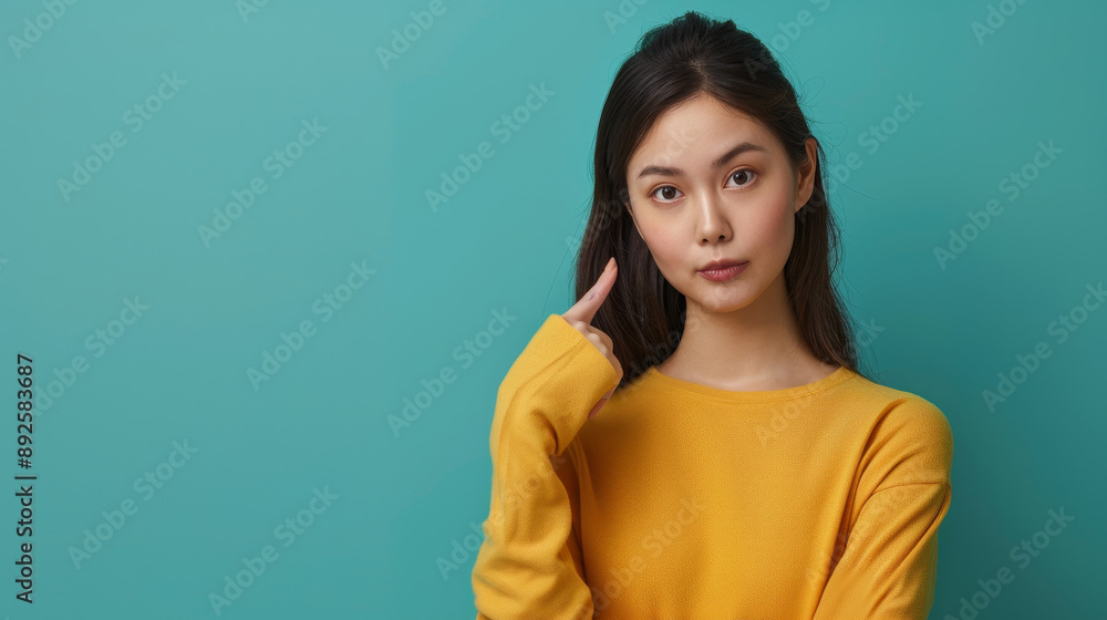 Thoughtful Expression of a Young Woman in Vibrant Sweater - A young woman presents a thoughtful expression while wearing a bright yellow sweater against a blue background, symbolizing creativity, cont Thoughtful Expression of a Young Woman in Vibrant Sweater - A young woman presents a thoughtful expression while wearing a bright yellow sweater against a blue background, symbolizing creativity, cont