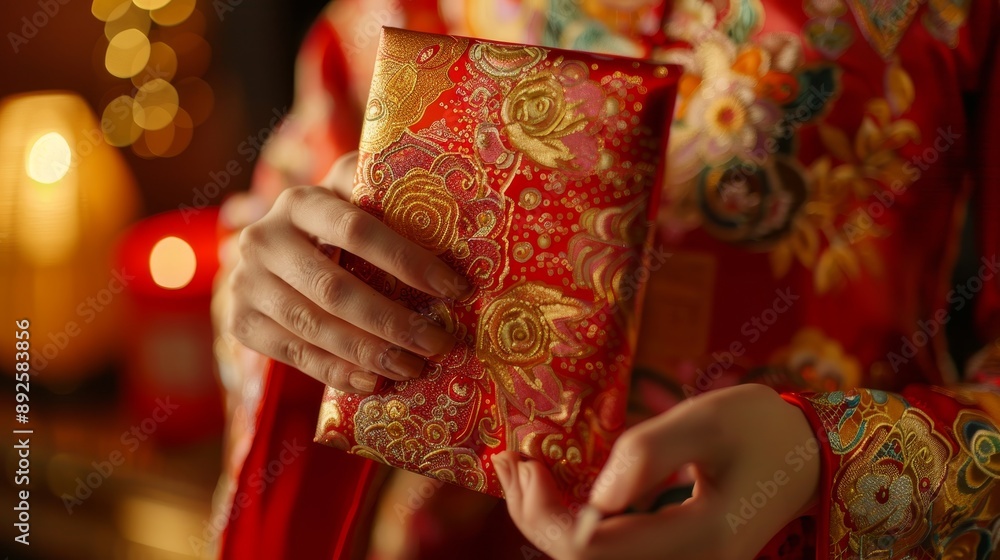 Naklejka premium Traditional Chinese Red Envelope Gift for Good Luck and Prosperity - A woman's hand holding a red envelope, a symbol of luck, prosperity, and good fortune in Chinese culture. The intricate floral desi