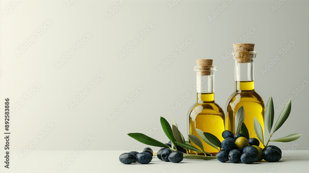 Olive oil bottles and black olives with leaves on white background, isolated. , Isolated on pastel background Olive oil bottles and black olives with leaves on white background, isolated. , Isolated on pastel background