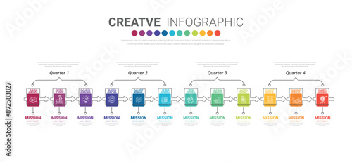 Infographic quarterly template for presentation 12 months in 4 quarter can be used for workflow layout, process diagram, flow chart.