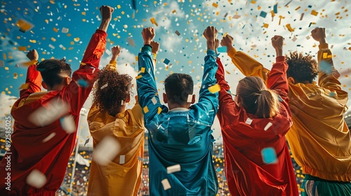 Champions United Athletes in Vibrant Uniforms on Winner's Podium Celebrating Victory in Sports Competition