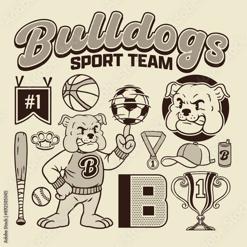 Vector of Bulldog Mascot Vintage Hand Drawn Object Set
