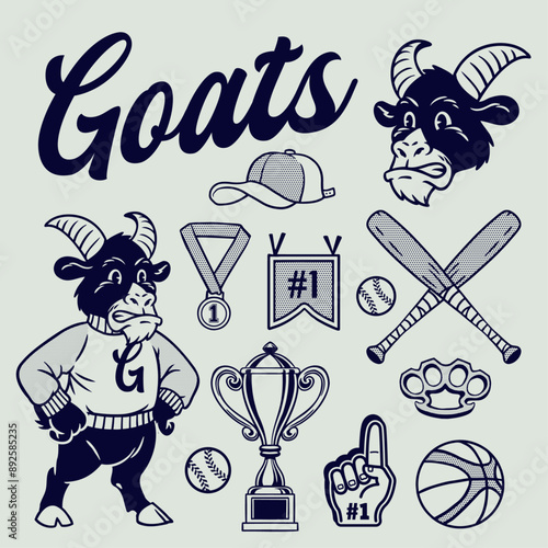 Vector of Goat Mascot Vintage Hand Drawn Object Set