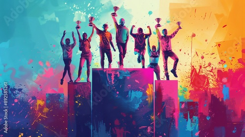 Victorious Athletes Celebrating on Colorful Podium with Trophies in Hand