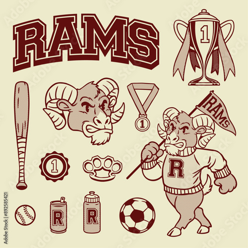 Vector of Ram Mascot Vintage Hand Drawn Object Set
