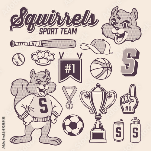 Vector of Squirrel Mascot Vintage Hand Drawn Object Set