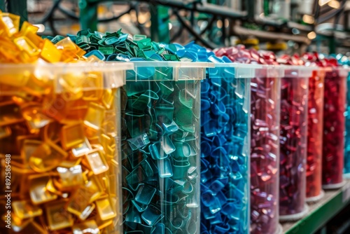 Inside a plastic recycling area, with colorful plastic flakes in transparent bins, ready for reprocessing into new products photo