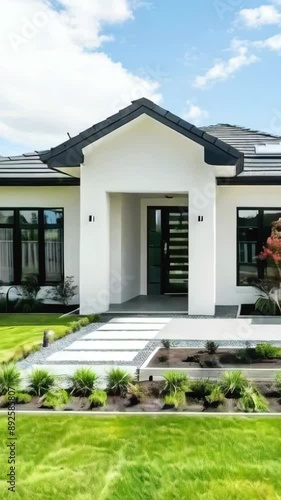 A luxurious white house with a green lawn in front photo