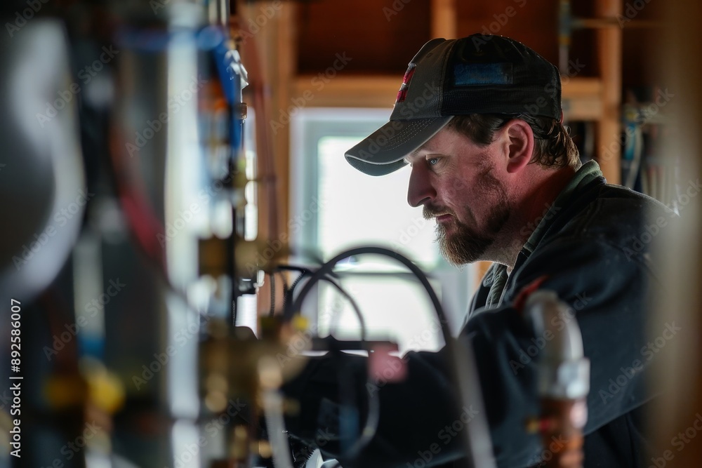 An HVAC technician installing a new heating and cooling system in a home. An HVAC technician installing a new heating and cooling system in a home.