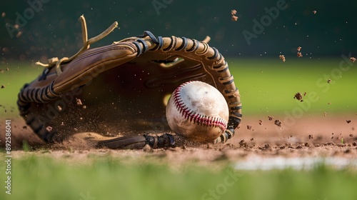 Baseball shortstop catches the ball on professional baseball stadium. 