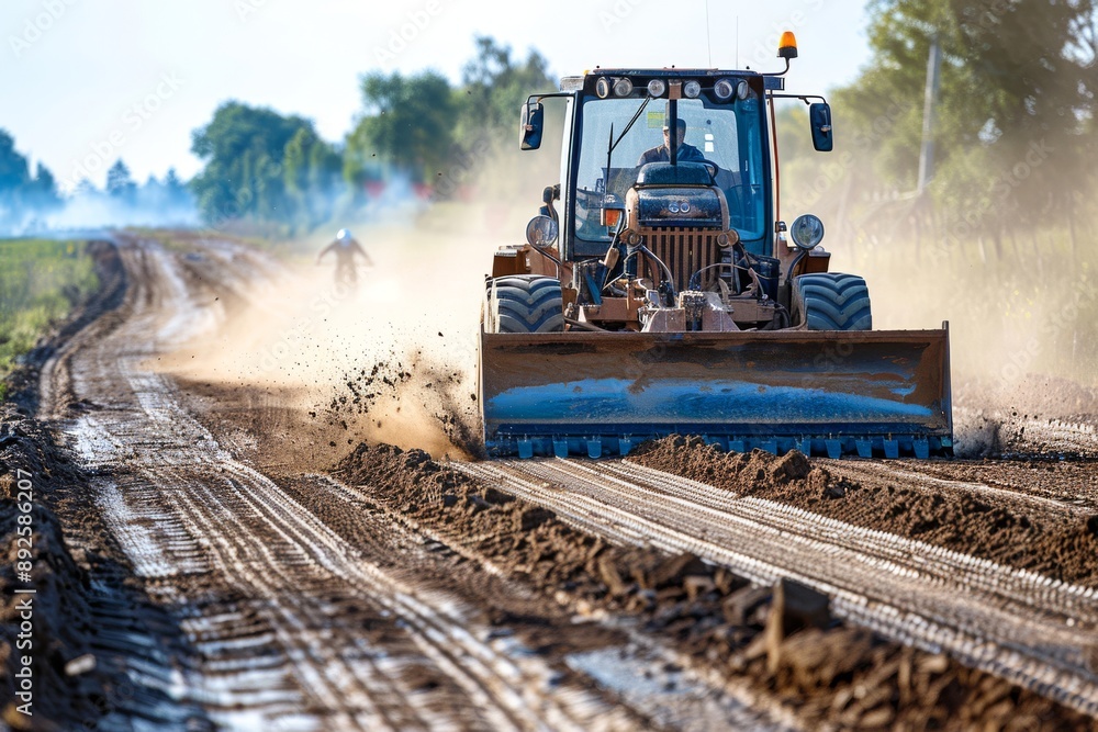 Industrial grader leveling a dirt road, with precise blade control and powerful engine, demonstrating the importance of grading machinery. Industrial grader leveling a dirt road, with precise blade control and powerful engine, demonstrating the importance of grading machinery.