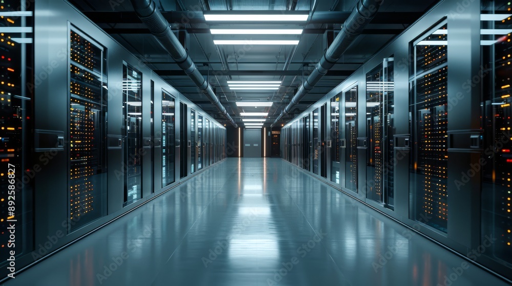 Large-scale server room featuring multiple rows of high-density racks, advanced fire suppression systems, and dedicated maintenance zones Large-scale server room featuring multiple rows of high-density racks, advanced fire suppression systems, and dedicated maintenance zones
