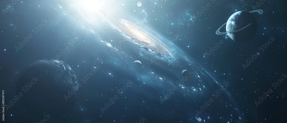 Fototapeta premium Spiral galaxy with planets and stars in deep space. Solar system with nebulae and galaxy. Science and education background. Stars and galaxies. Galaxy spiral background. Solar system planets