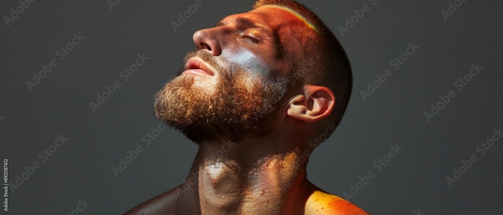 A bearded man, daubed in yellow paint, gazes upward with closed eyes toward the heavens A bearded man, daubed in yellow paint, gazes upward with closed eyes toward the heavens