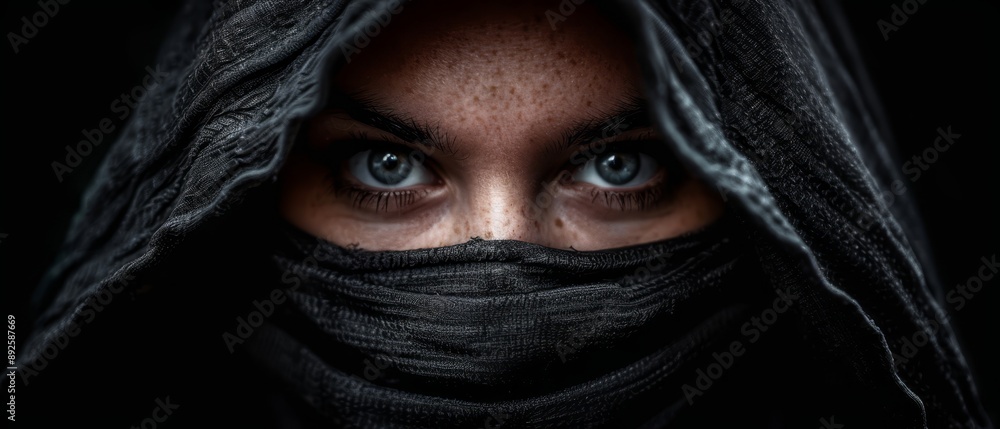 A close-up of a person's face, covered with a black cloth A close-up of a person's face, covered with a black cloth