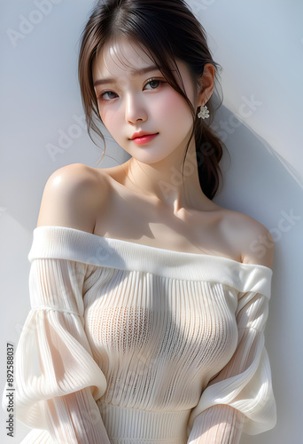 Beauty portrait of a beautiful young woman with glowing skin. Beautiful real face, beauty image. 輝く肌を持つ美しい若い女性の美容ポートレート。美しい素顔、美容イメージ。	