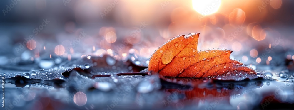 A tight shot of a wet leaf, studded with water droplets Sun glows behind, backdrop A tight shot of a wet leaf, studded with water droplets Sun glows behind, backdrop