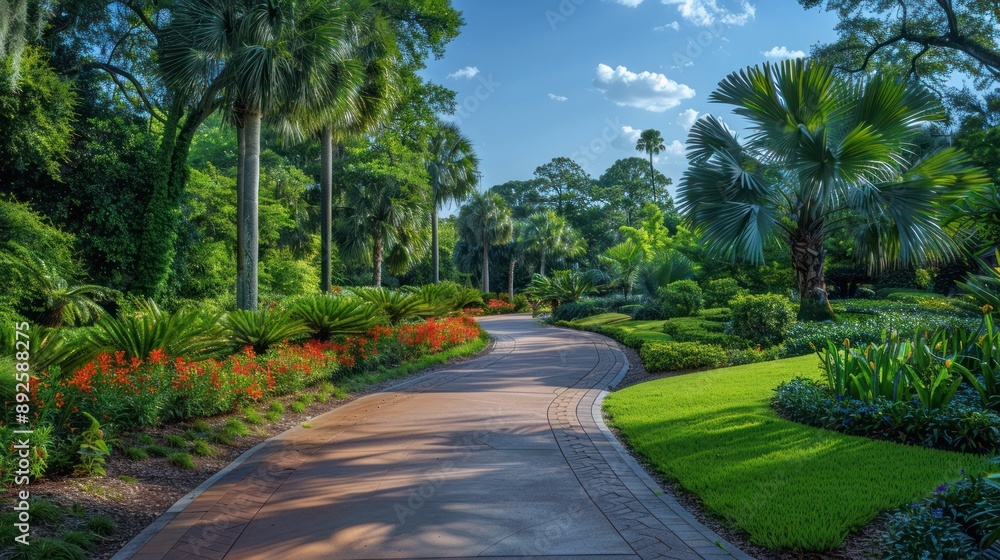 Well-maintained urban park with diverse plant species, walking paths, and a peaceful atmosphere Well-maintained urban park with diverse plant species, walking paths, and a peaceful atmosphere