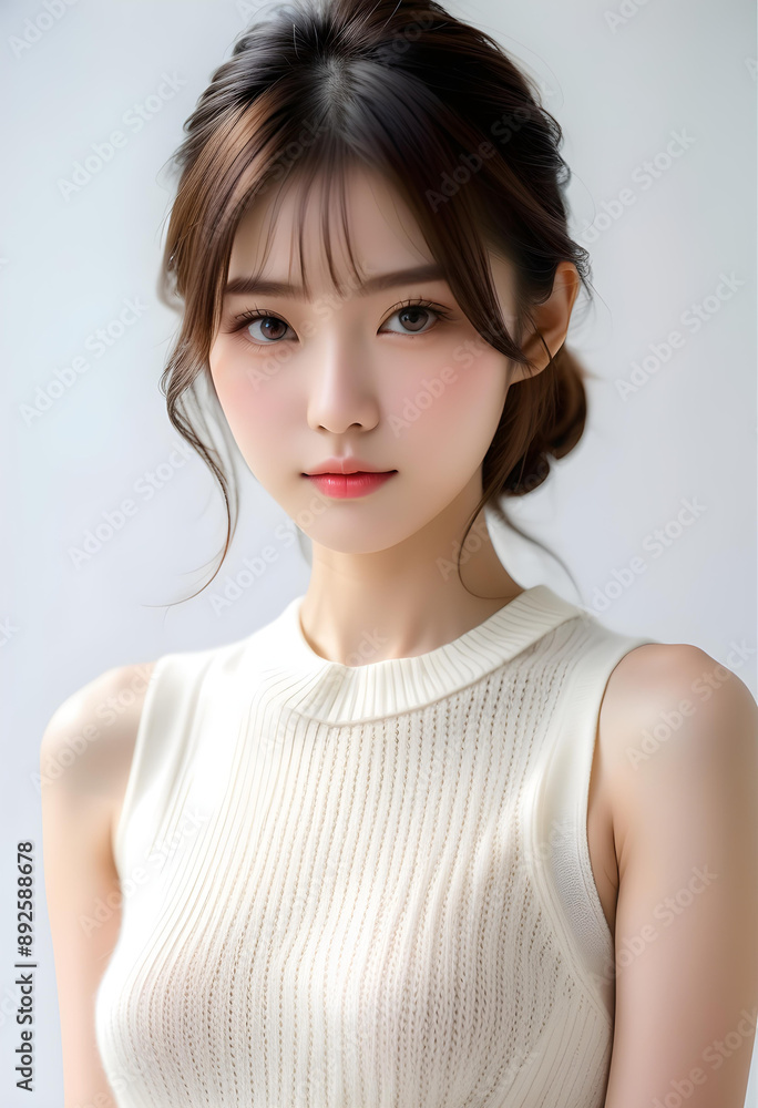 Fototapeta premium Beauty portrait of a beautiful young woman with glowing skin. Beautiful real face, beauty image. 輝く肌を持つ美しい若い女性の美容ポートレート。美しい素顔、美容イメージ。 