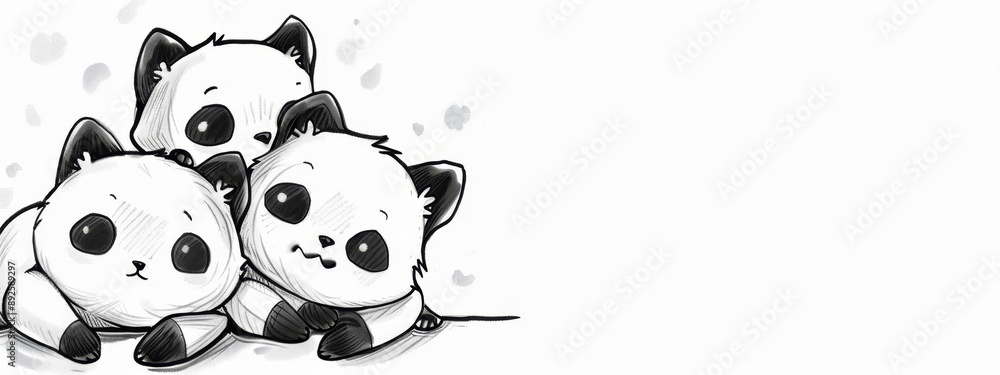 Two pandas resting side by side on a bed with a stack of pillows Two pandas resting side by side on a bed with a stack of pillows