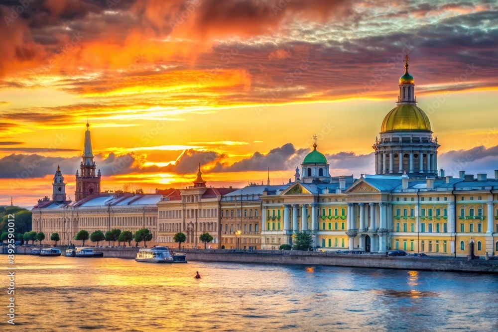 Obraz premium Utilize the White Nights phenomenon in Saint Petersburg, where the sun barely sets in summer. Design a background with an extended sunset and historic buildings along the Neva River.