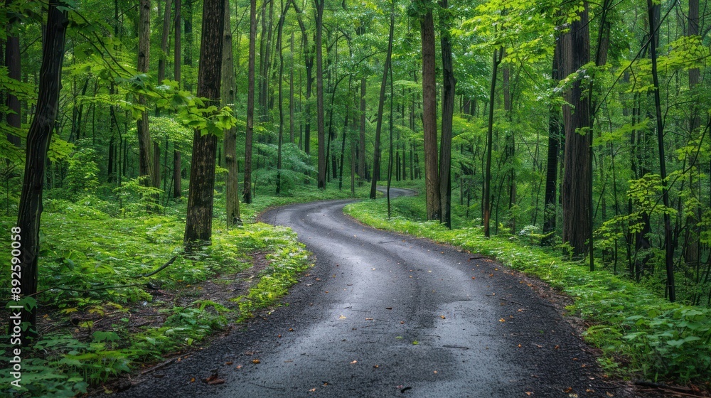 Naklejka premium Scenic bike trail through a forest, promoting outdoor activities and environmental conservation