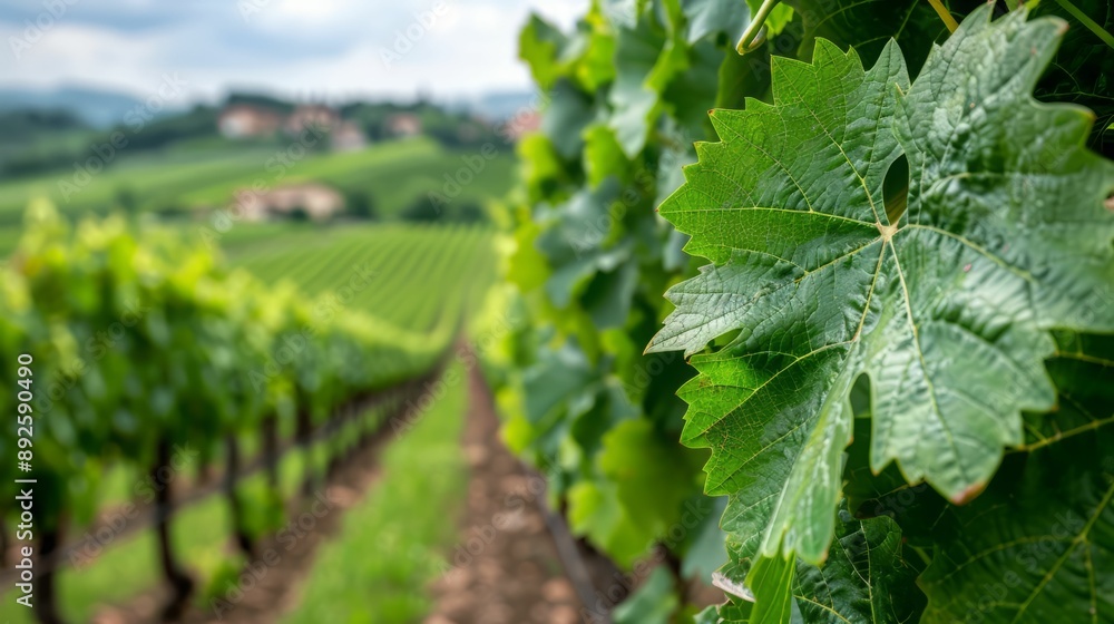 Close-up of lush green grape leaves in a vineyard with rolling hills in the background. Close-up of lush green grape leaves in a vineyard with rolling hills in the background.