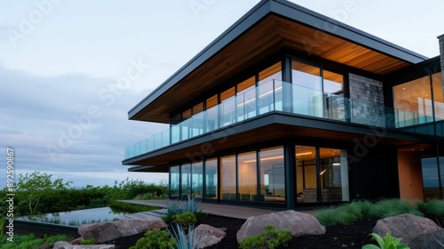 Modern, two-story home with large windows and a wooden exterior, set against a backdrop of lush greenery.