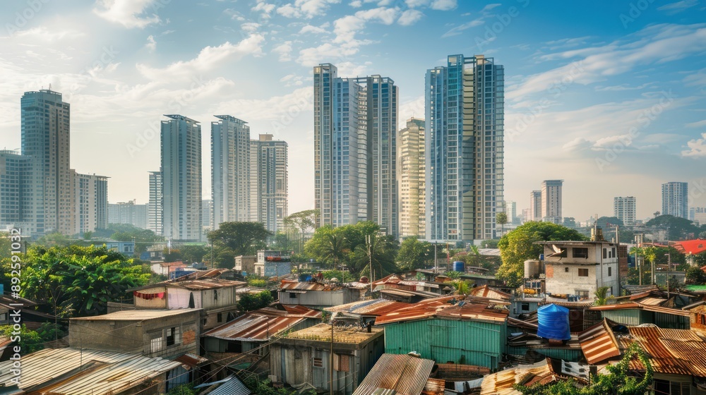 Fototapeta premium High-rise building overshadowing impoverished slum dwellings.