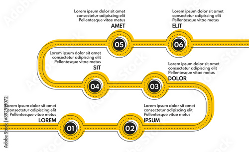 6 steps process progress or timeline, road infografic vector template