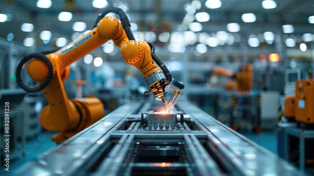 Illustrating a robotic arm assembling a sophisticated machine with precision and efficiency, Illustrating a robotic arm assembling a sophisticated machine with precision and efficiency,