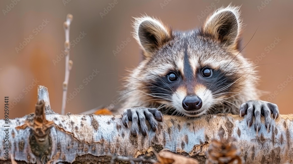 A curious raccoon with piercing eyes peers over a fallen log, showcasing its natural inquisitiveness and the rustic charm of the forest environment in a detailed depiction. A curious raccoon with piercing eyes peers over a fallen log, showcasing its natural inquisitiveness and the rustic charm of the forest environment in a detailed depiction.