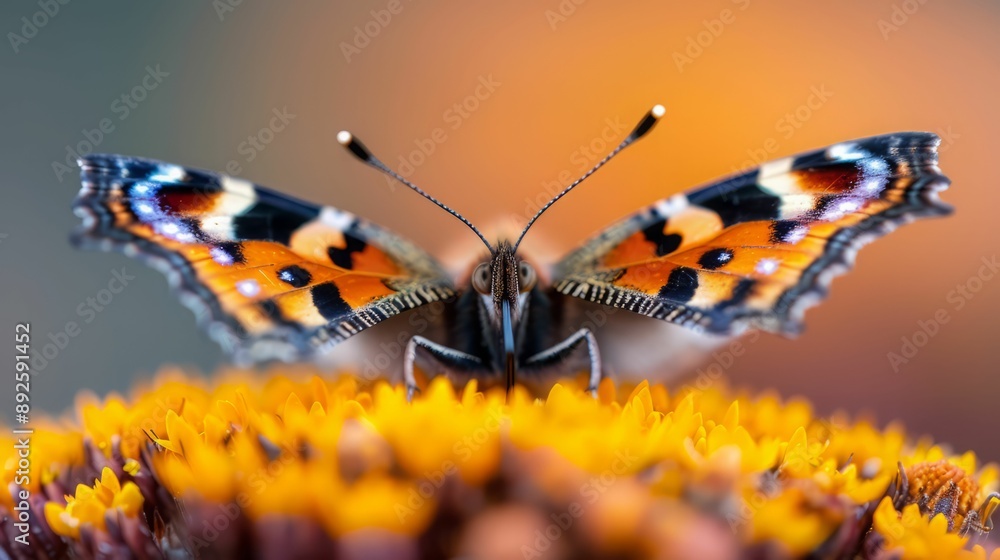 Obraz premium A colorful butterfly with black, orange and white wings perched on a yellow flower.
