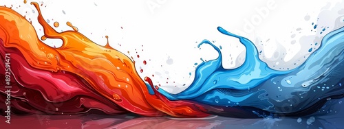  Red, orange, and blue waves of liquid with water splashes against a white background ..Or, if preserving the original structure is important:.