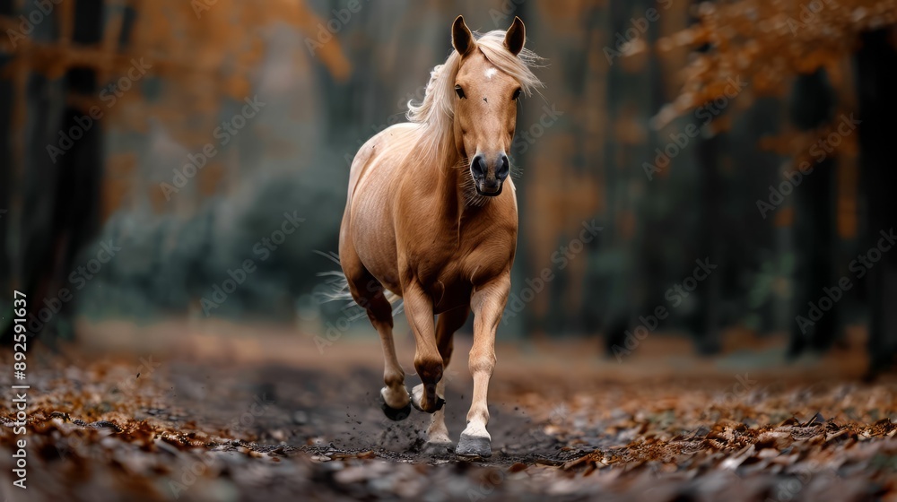 A light brown horse runs through a forest path covered in autumn leaves. A light brown horse runs through a forest path covered in autumn leaves.