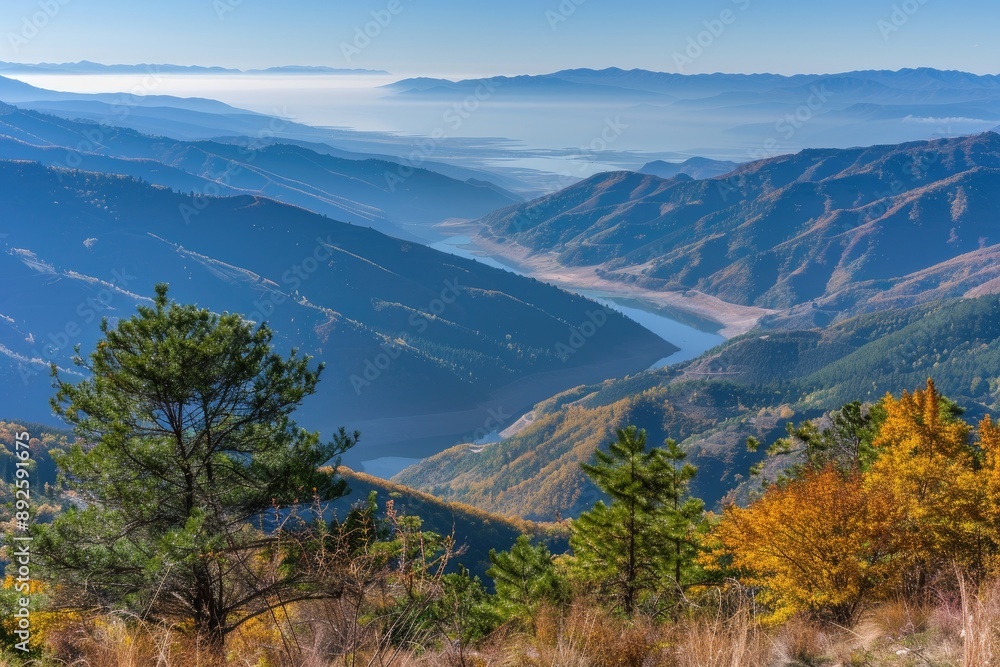 Scenic mountain landscape with lush forest and winding river under a clear blue sky, perfect for nature and travel themed projects. Scenic mountain landscape with lush forest and winding river under a clear blue sky, perfect for nature and travel themed projects.