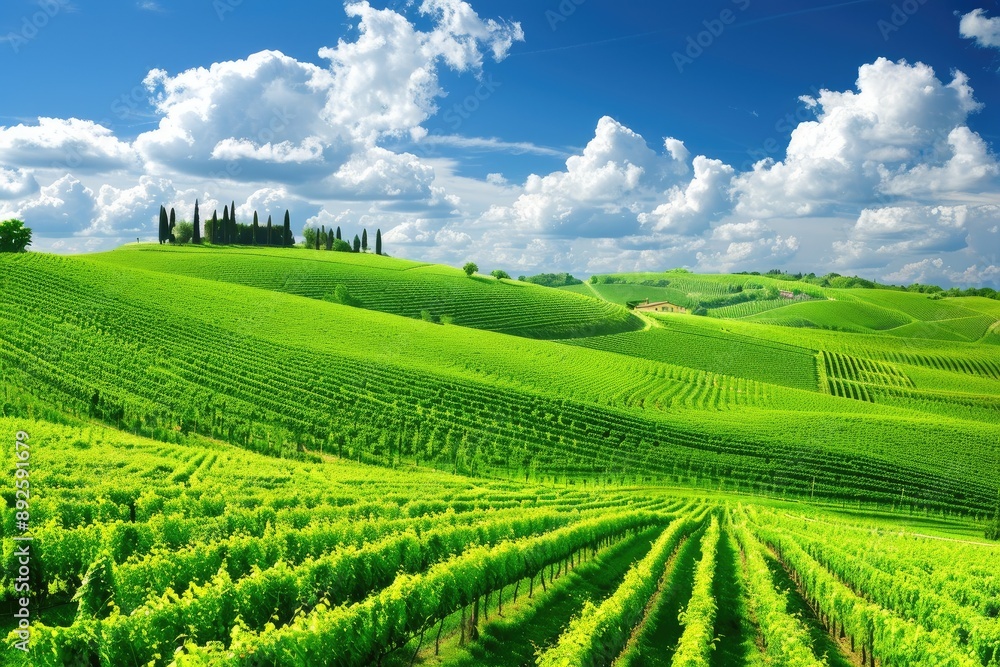 Scenic view of lush green vineyards on rolling hills under a bright blue sky with fluffy white clouds, perfect for nature and agriculture themes. Scenic view of lush green vineyards on rolling hills under a bright blue sky with fluffy white clouds, perfect for nature and agriculture themes.