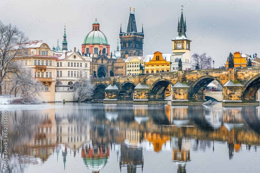 Scenic view of the historic Charles Bridge and various buildings in Prague, Czech Republic, reflecting in the calm Vltava River on a misty day. Scenic view of the historic Charles Bridge and various buildings in Prague, Czech Republic, reflecting in the calm Vltava River on a misty day.