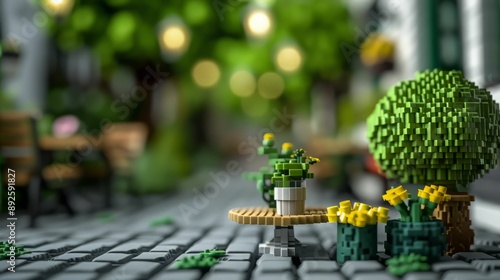 Fototapeta Naklejka Na Ścianę i Meble -  A miniature cityscape with cobblestone street, small potted plants and a cafe table.  The background is a blurred green park with a bokeh effect.