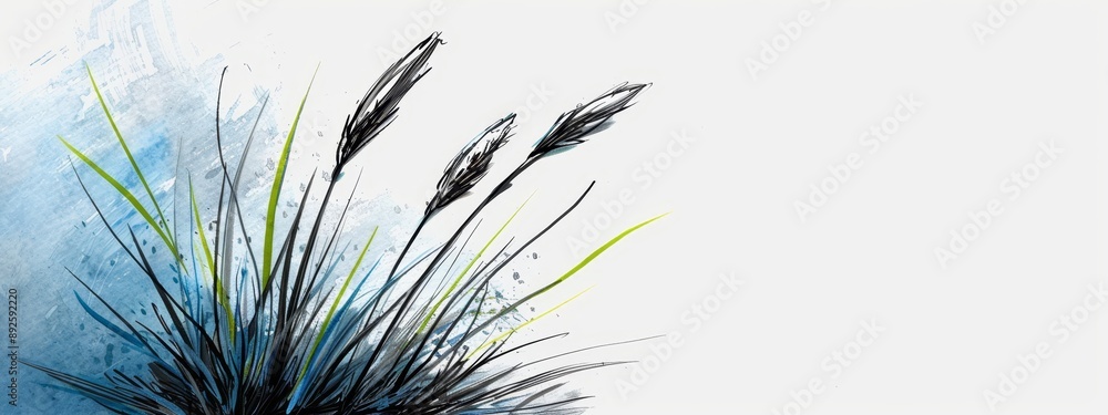 A blue vase holds black and green plants Behind is a white wall with blue and green paint A blue vase holds black and green plants Behind is a white wall with blue and green paint