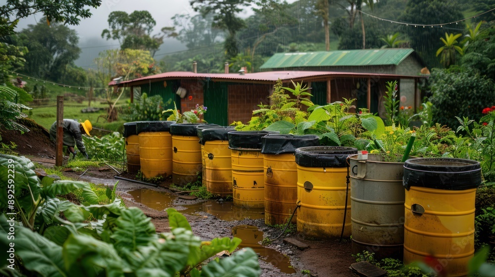 Obraz premium A rainwater harvesting system in a rural community, providing sustainable water resources