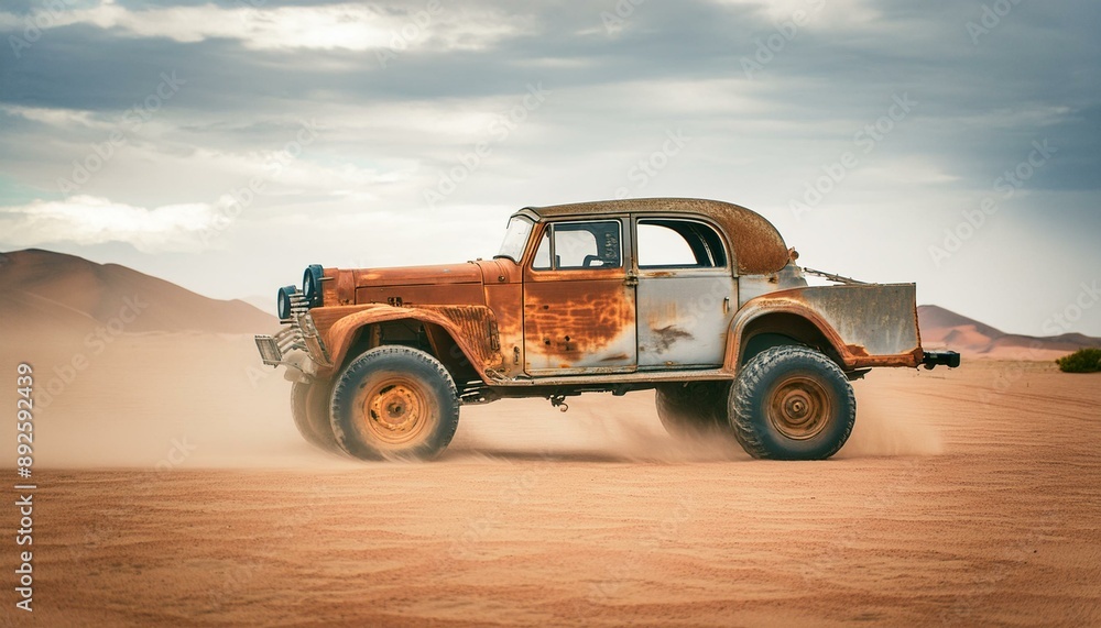 Fototapeta premium Rusty old apocalyptic monster car ridignt through desert