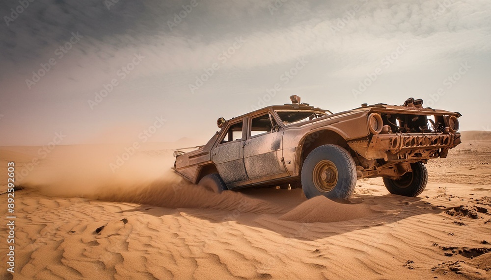 Rusty old apocalyptic monster car ridignt through desert Rusty old apocalyptic monster car ridignt through desert