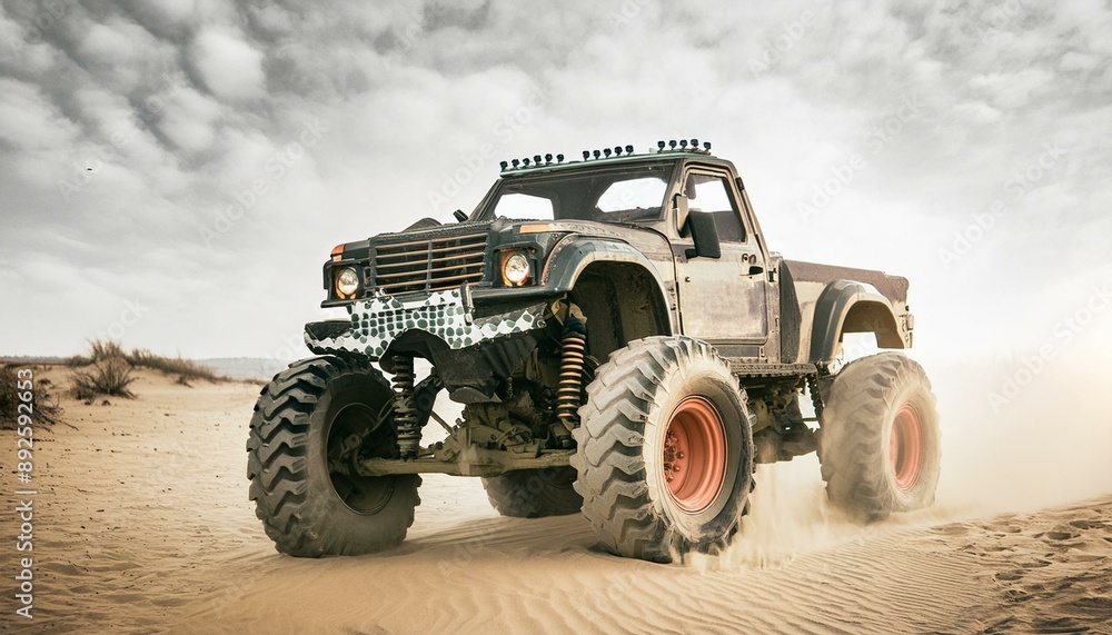 Fototapeta premium Rusty old apocalyptic monster car ridignt through desert