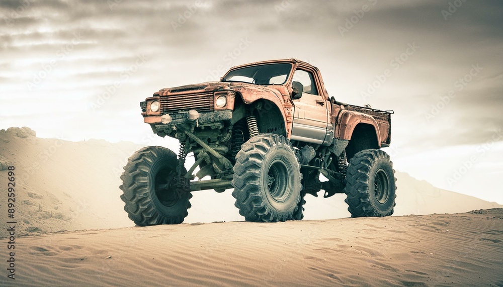Rusty old apocalyptic monster car ridignt through desert Rusty old apocalyptic monster car ridignt through desert